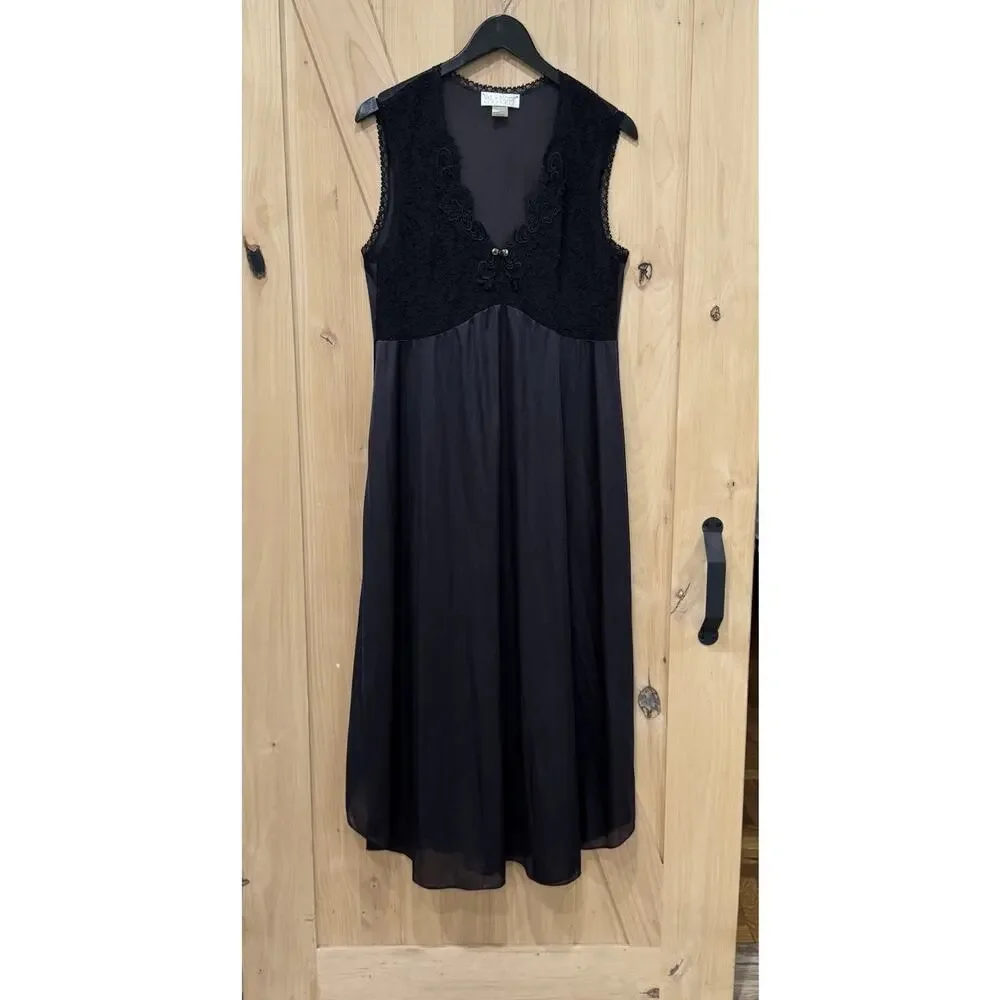 Vintage Val Mode Black Classic Night Gown Large Made In USA Nylon Lingerie